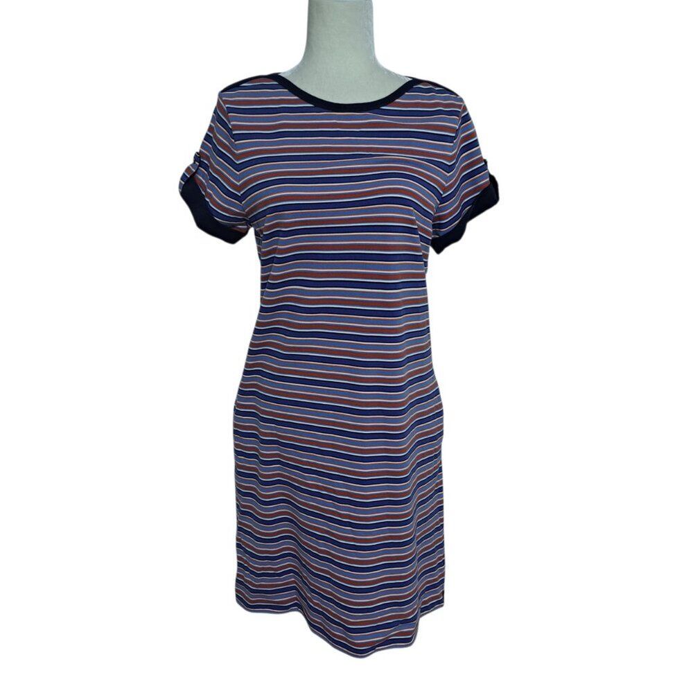 Lands' End Women's Nautical Striped Cap Sleeve Shirt Dress Blue Multi Vacation M